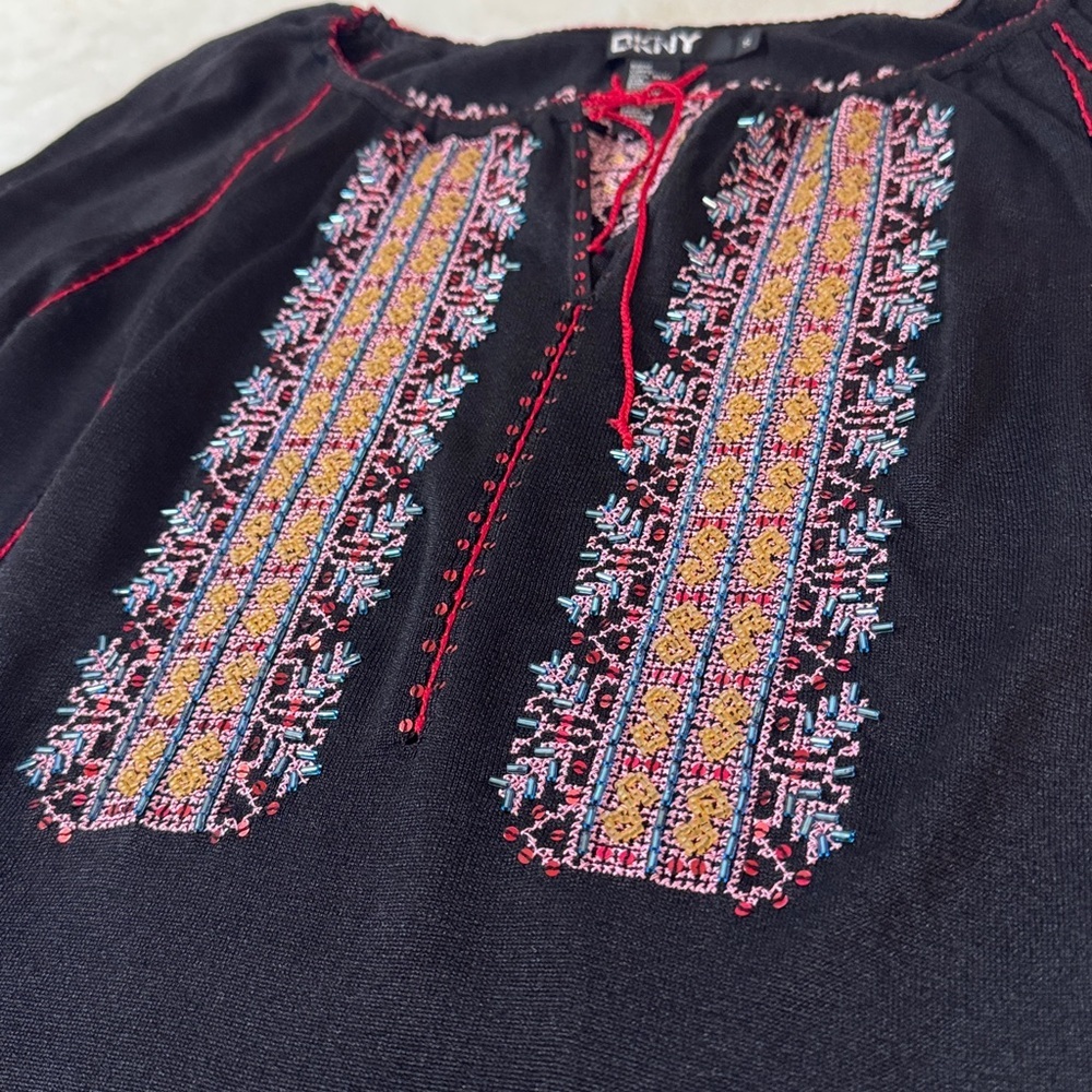 DKNY Beaded & Embroidered Silk Boho Peasant Blouse Festival Top, Flare Sleeves - Picture 9 of 16